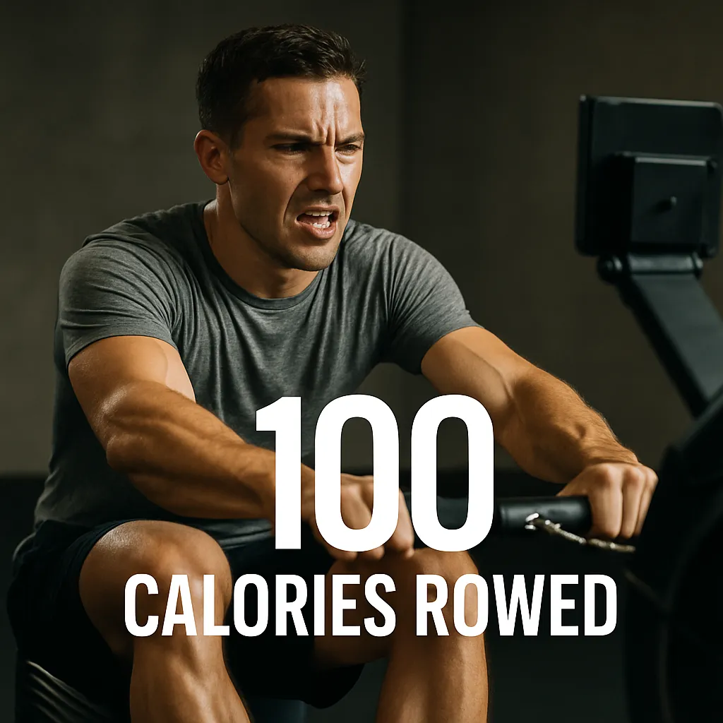 Athlete mid-row, high intensity, visible effort, overlay text- “100 Calories Rowed”
