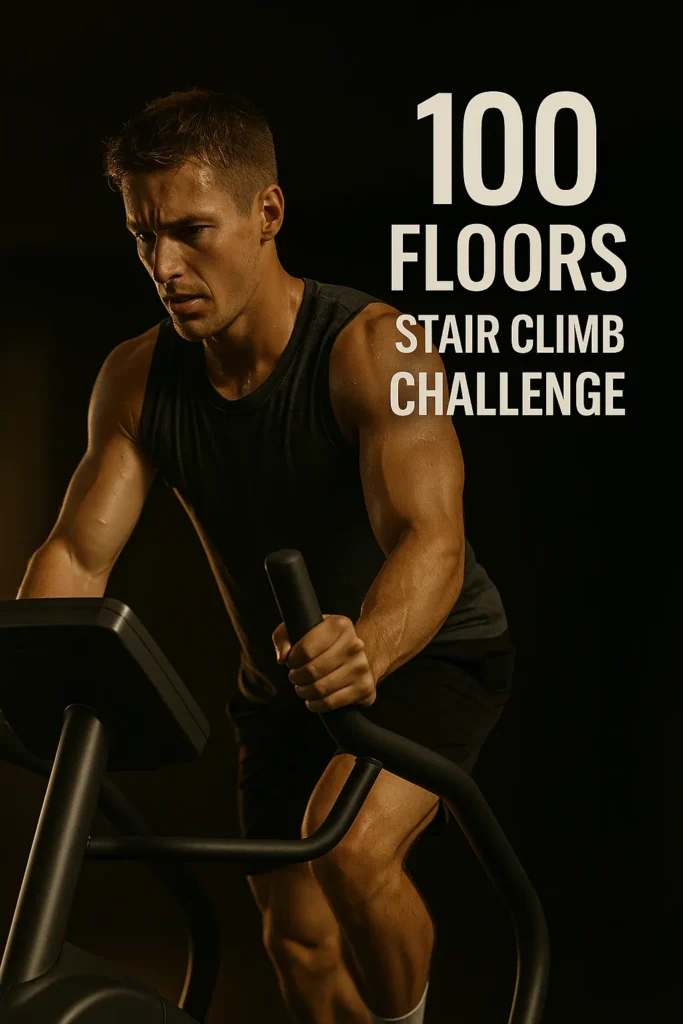 Athlete mid-session on stair machine, sweat visible, overlay text- 100 Floors Stair Climb Challenge