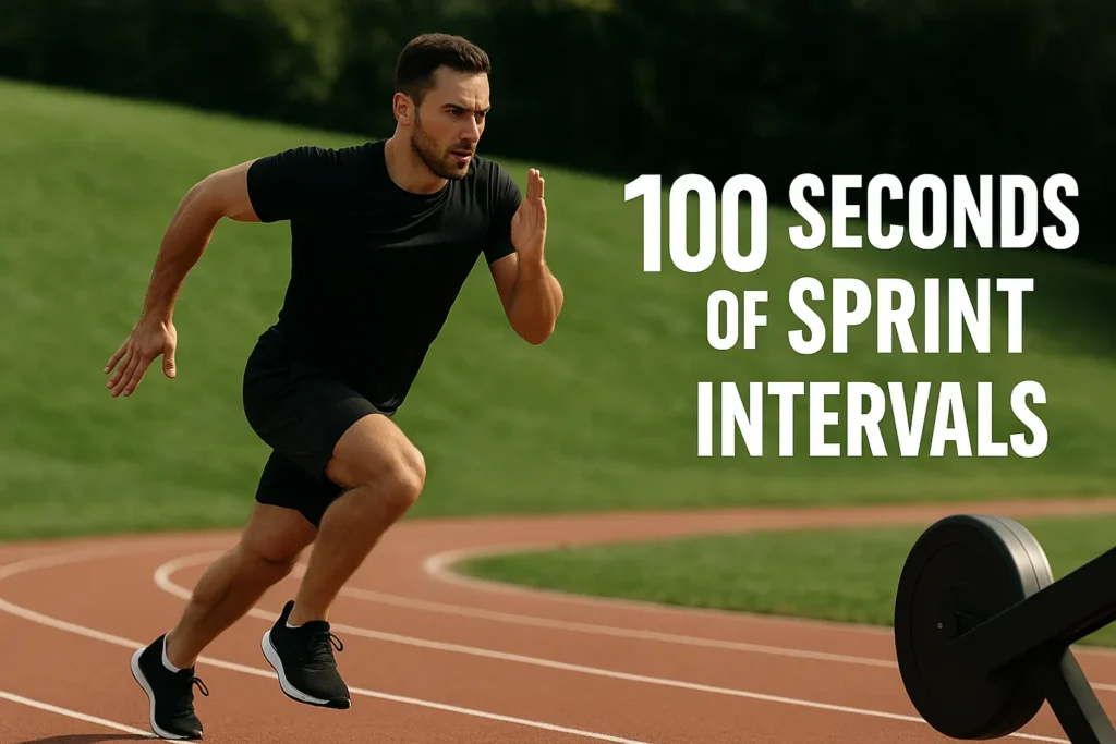 Athlete mid-sprint on outdoor track or grassy hill, overlay text- 100 Seconds of Sprint Intervals