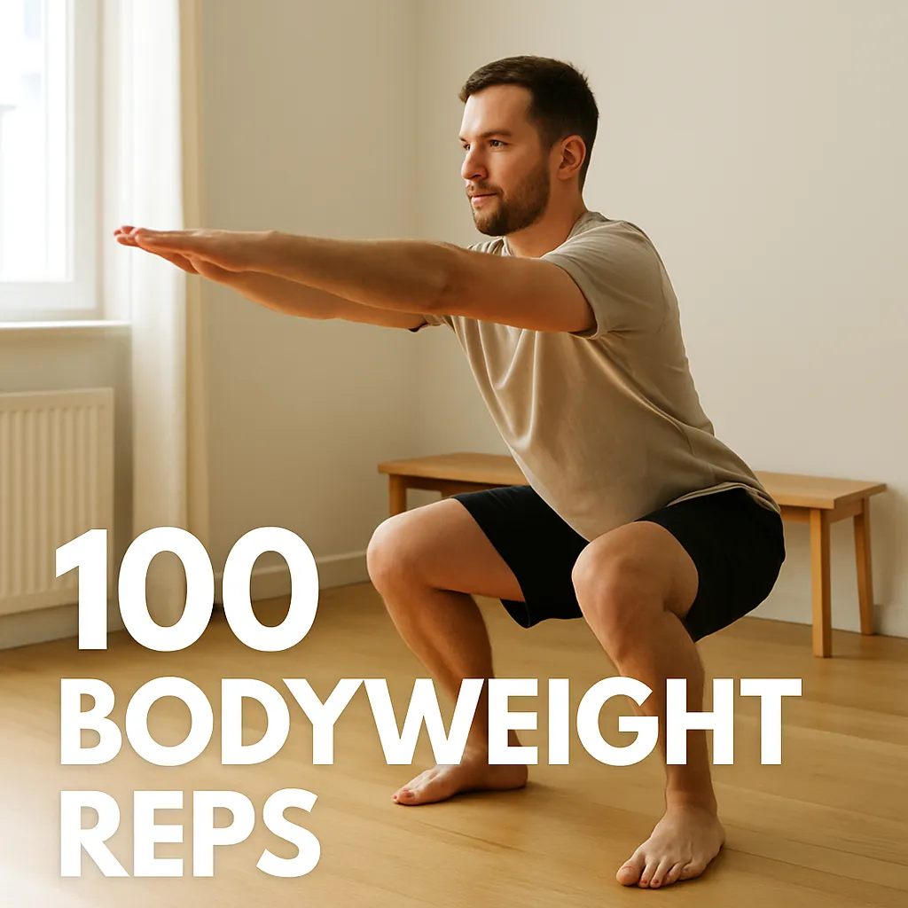 Athlete mid-squat or push-up in minimal home setting, overlay text- 100 Bodyweight Reps