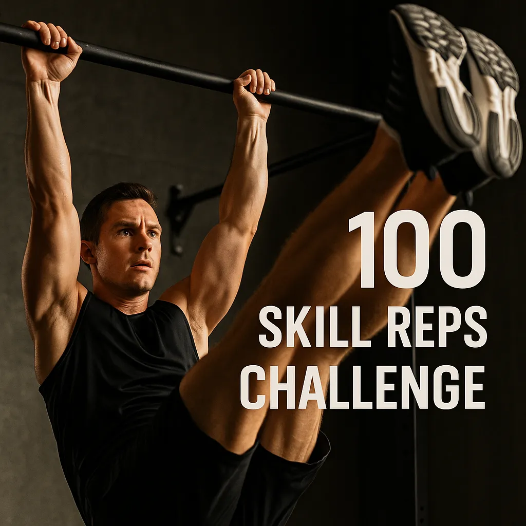 Athlete mid-toes-to-bar or double-under, clear focus and motion blur, overlay text- 100 Skill Reps Challenge