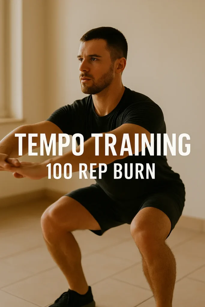 Athlete performing slow tempo squat at home or gym, overlay text- Tempo Training- 100 Rep Burn
