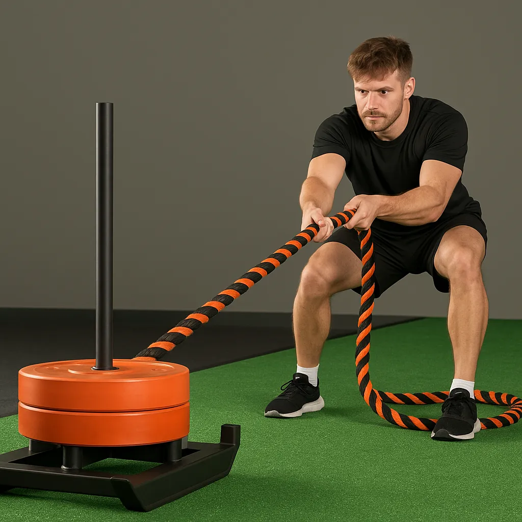 Athlete pulling sled across turf track with intensity