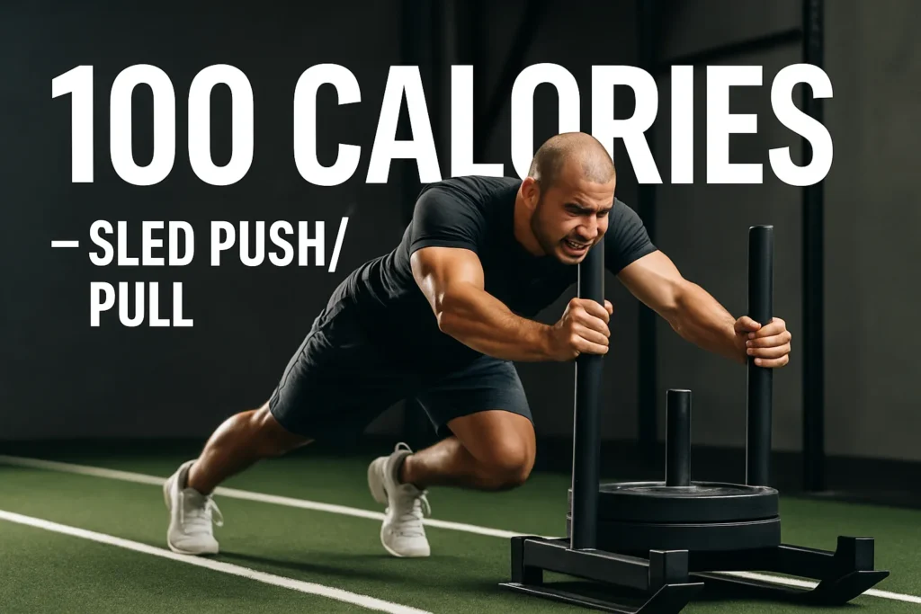 Athlete pushing sled across turf track with intensity, overlay text- 100 Calories – Sled Push_Pull