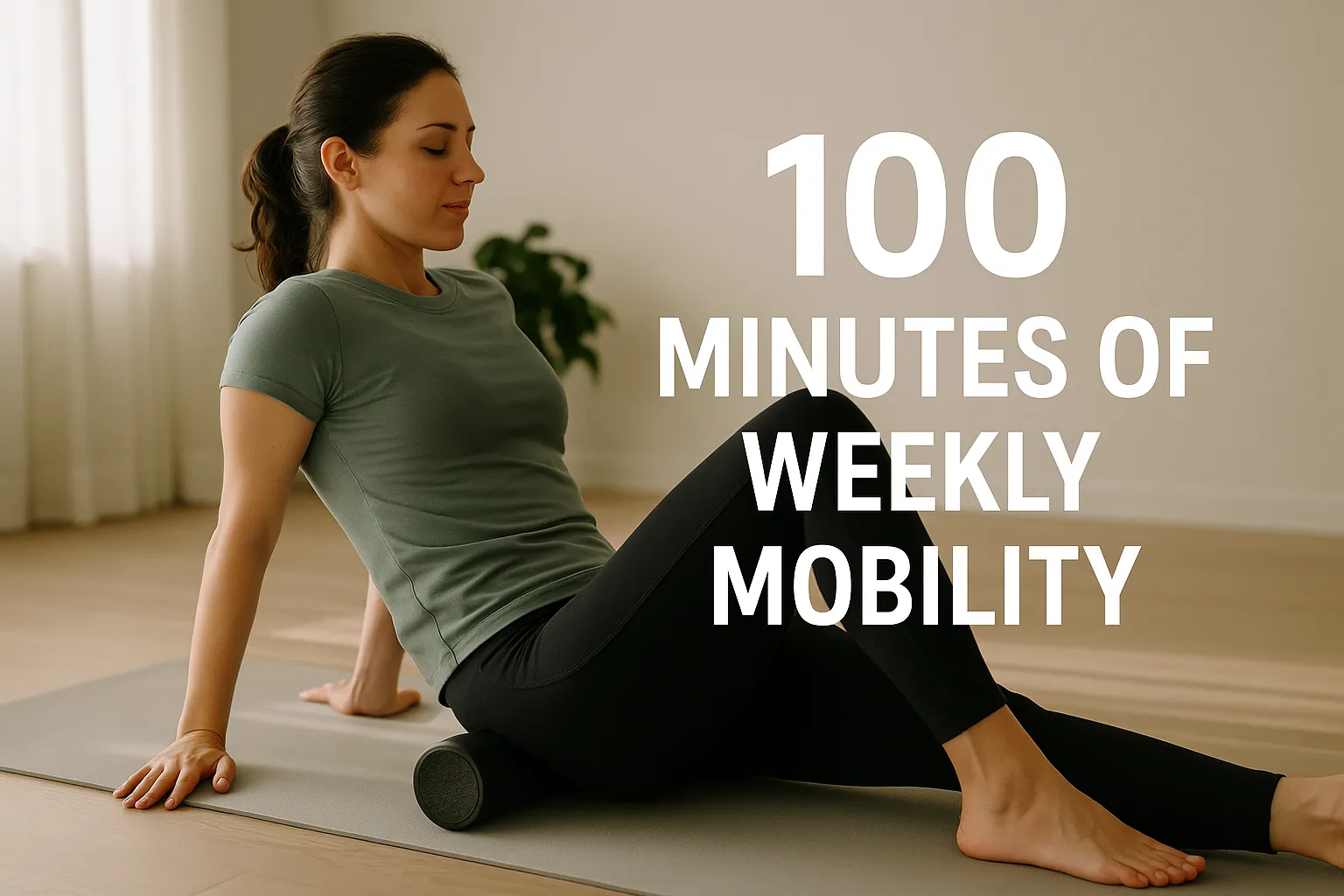 Athlete stretching with foam roller in calm space, overlay text- 100 Minutes of Weekly Mobility