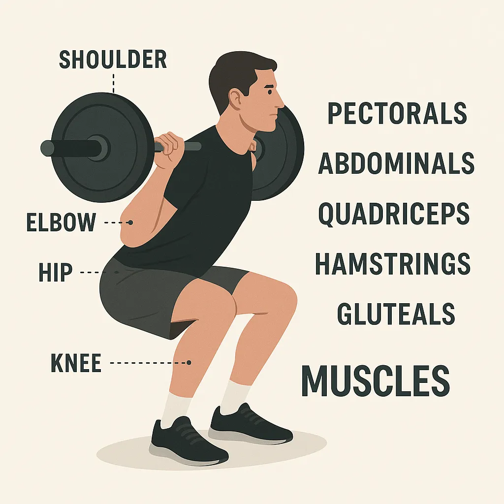 Breakdown graphic showing joints_muscles involved in squat or deadlift