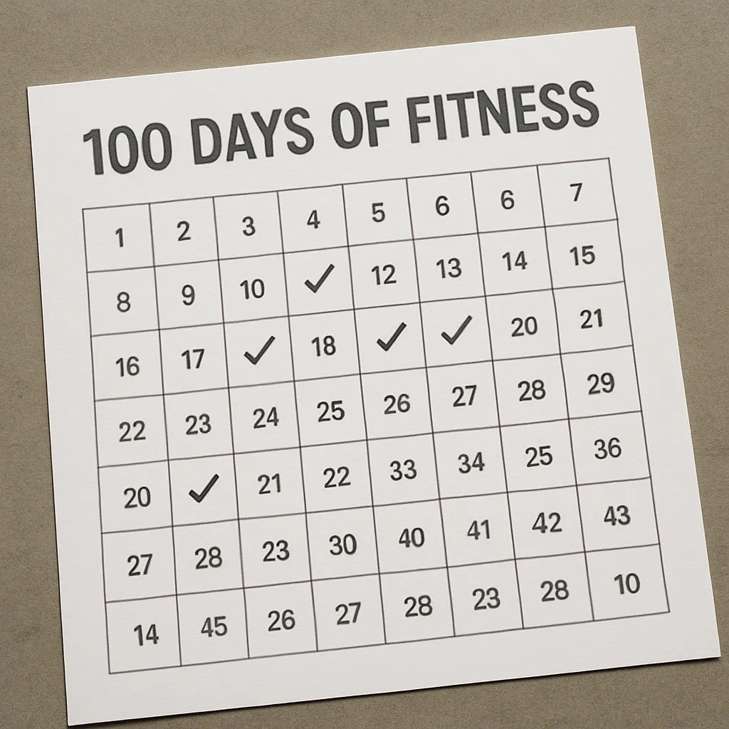 Calendar-style image with 100 boxes, several ticked off, overlay text- 100 Days of Fitness