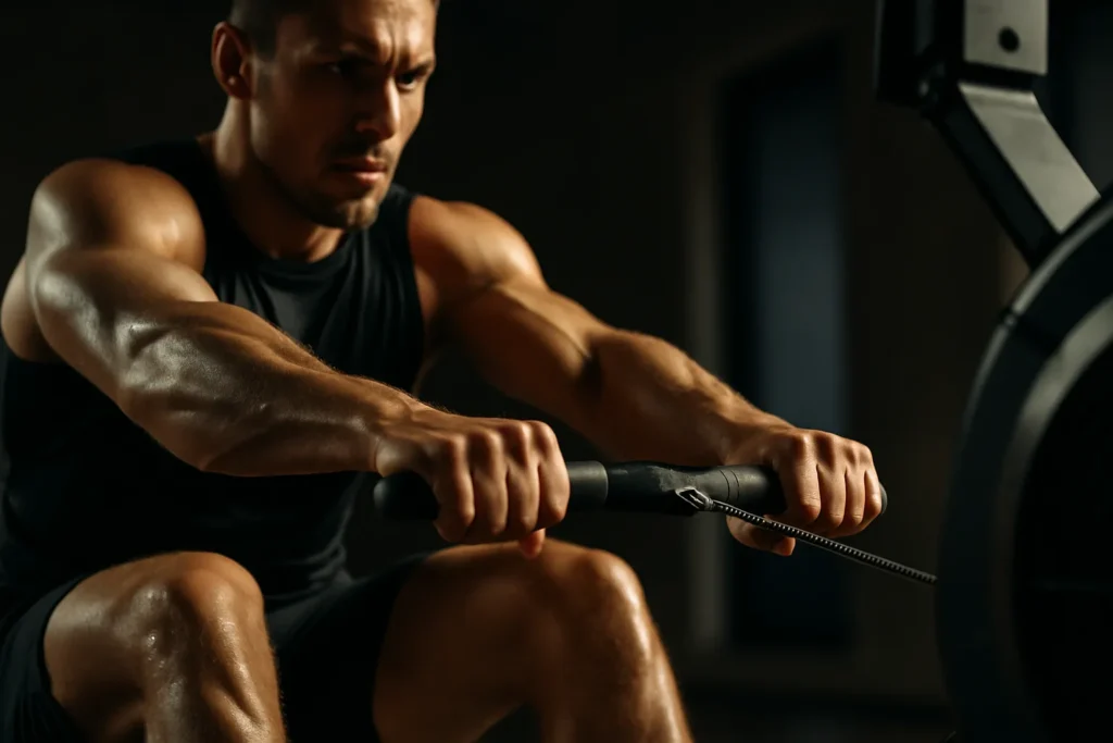 Close-up of powerful rowing stroke in motion