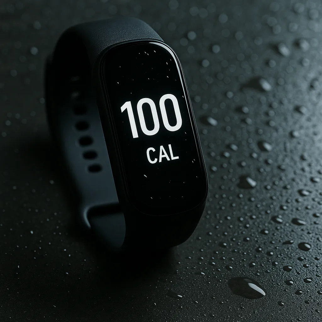 Digital calorie tracker reading 100 with sweat-soaked floor in view