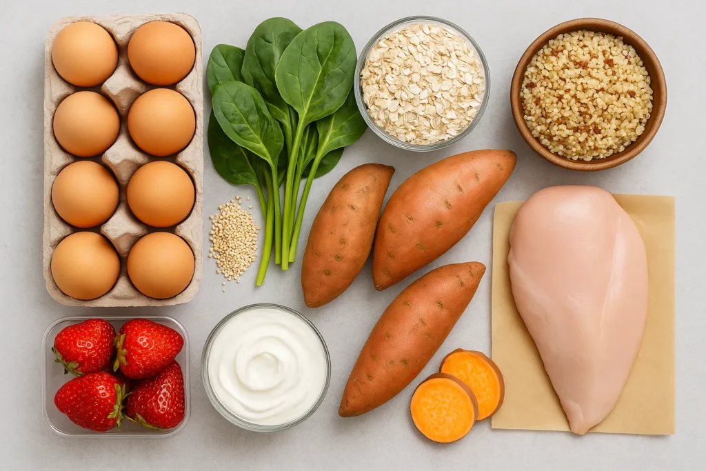 Grocery haul with carb-rich real foods neatly laid out
