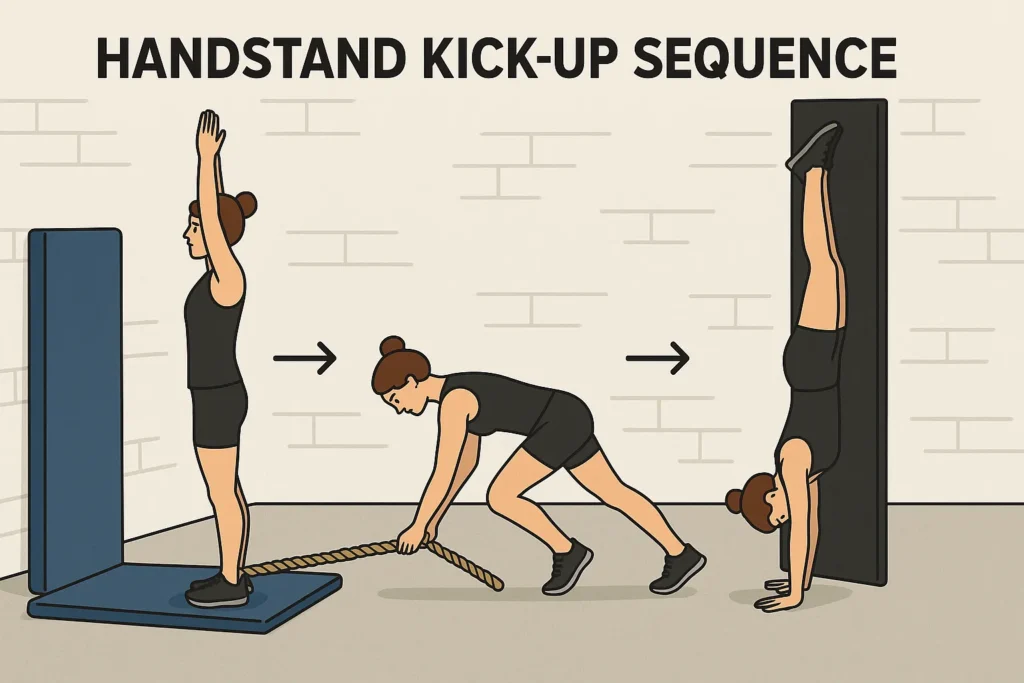 Handstand kick-up sequence with mat and spotting wall