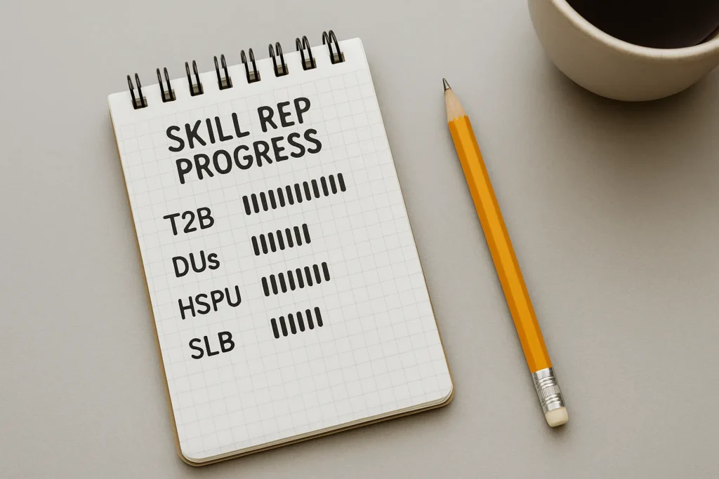 Notepad or app screenshot logging skill rep progress
