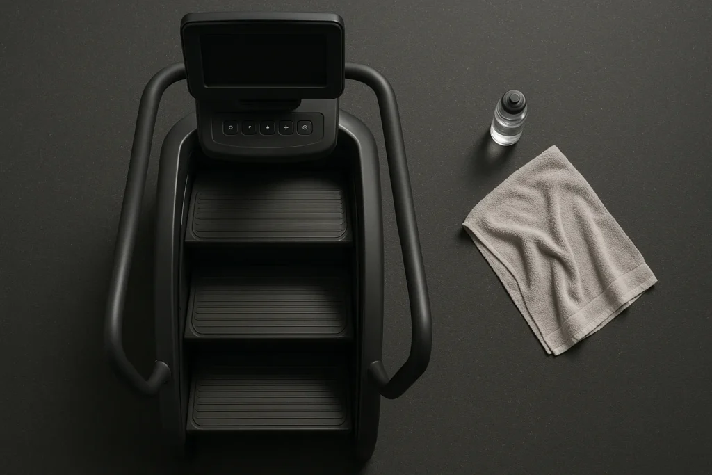 Overhead view of gym setup with stair machine, water bottle, and towel