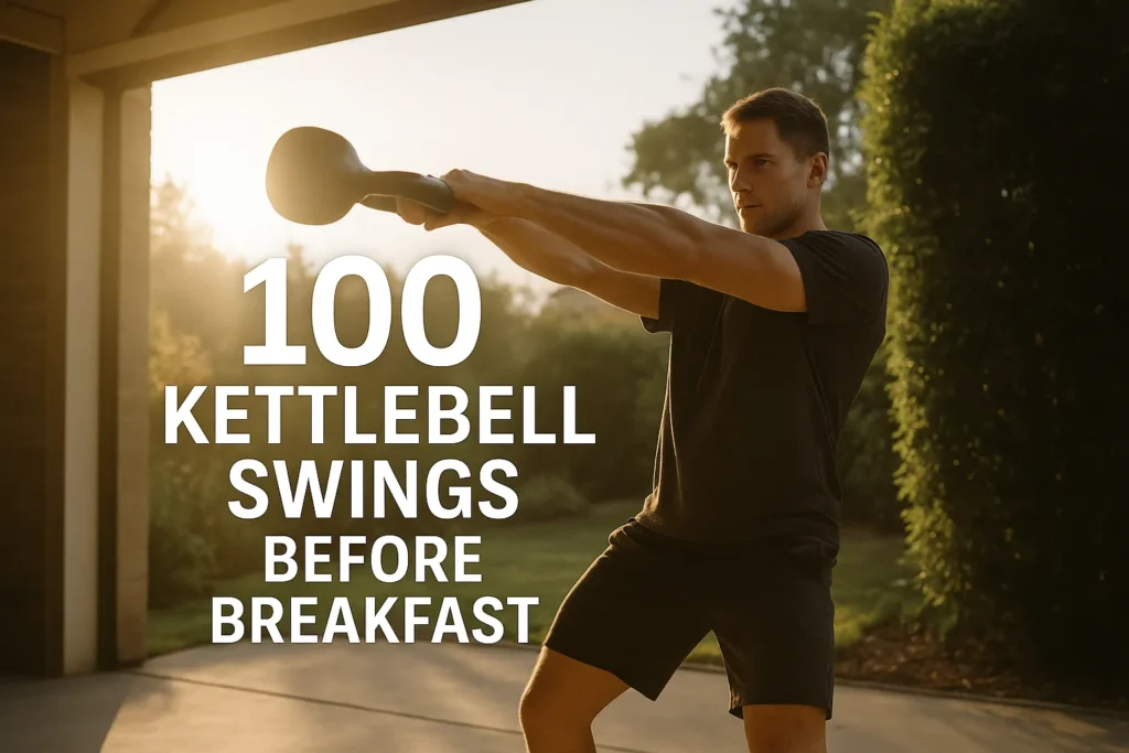 Person mid-kettlebell swing in morning light, garage or garden setting, overlay text- 100 Kettlebell Swings Before Breakfast