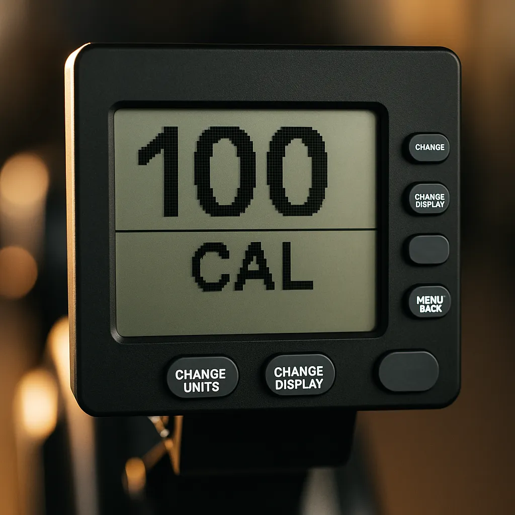 Rowing machine screen showing 100 cal reached