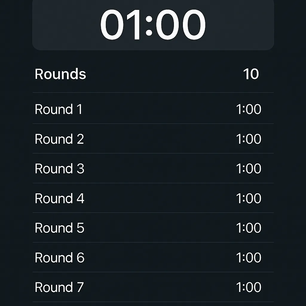 Screenshot of interval timer app with 10 rounds showing