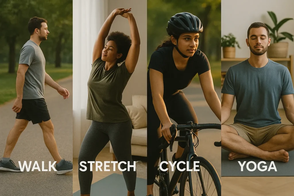 Split-screen showing different movement types- walk, stretch, cycle, yoga