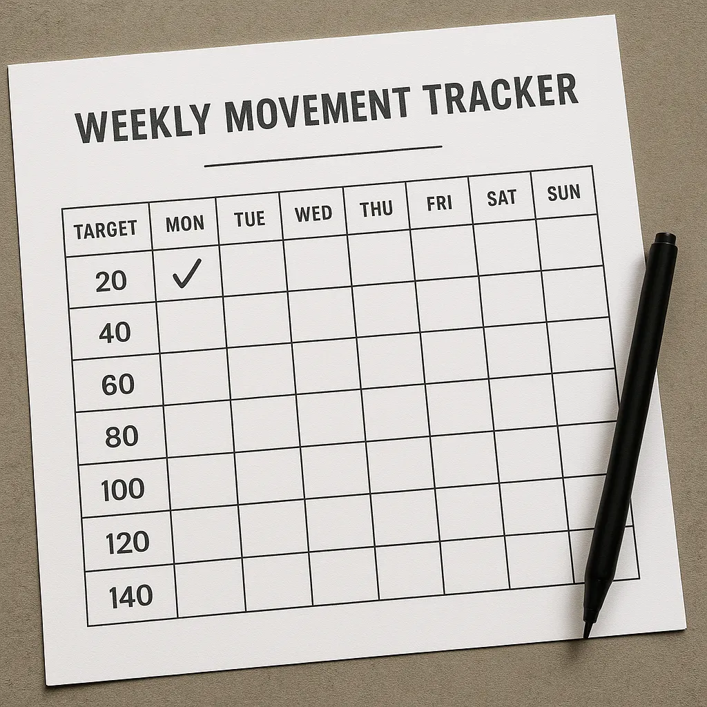 Weekly movement tracker sheet with 20-minute target ticked off