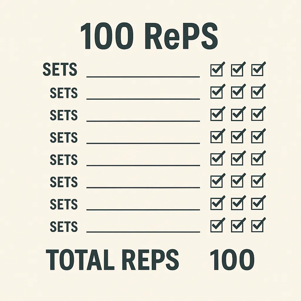 Whiteboard or training app showing ticked off sets toward 100 total reps