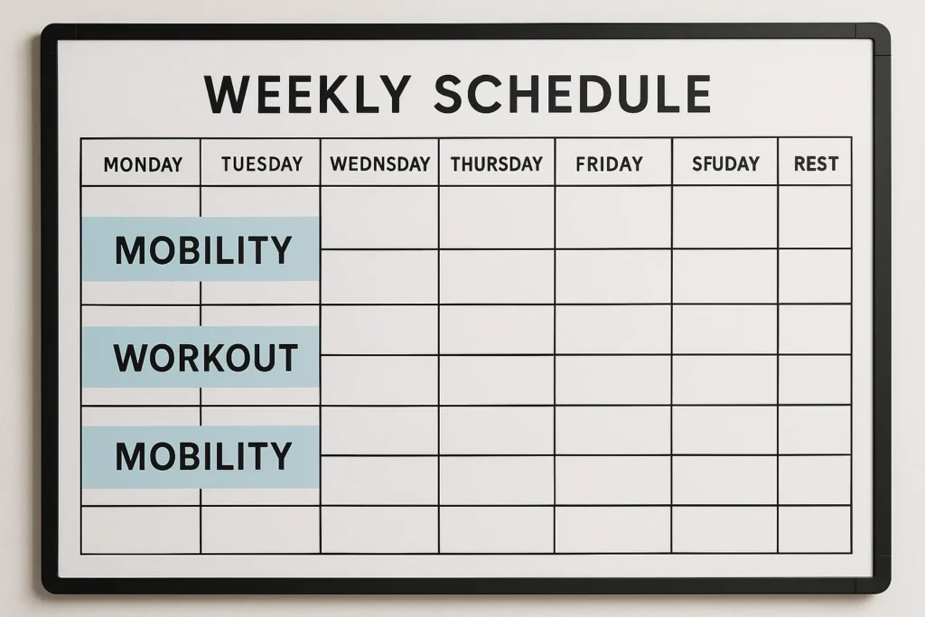 Whiteboard showing weekly schedule with mobility blocks highlighted
