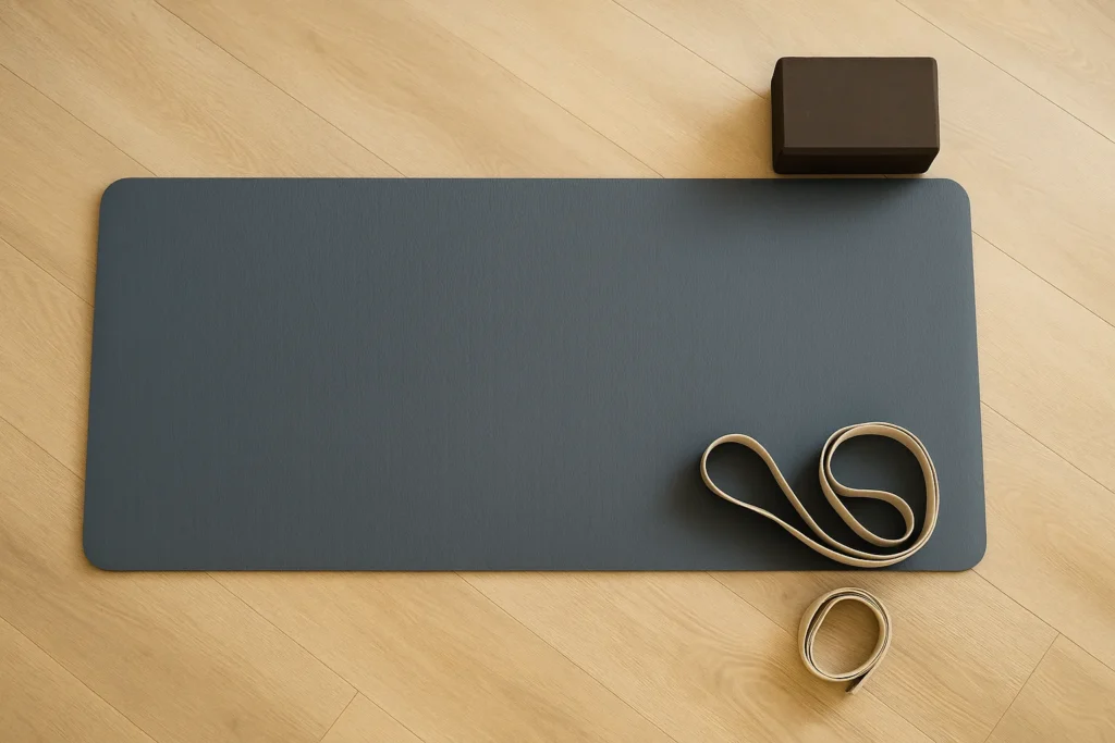 Yoga mat, blocks, and resistance band laid out for session