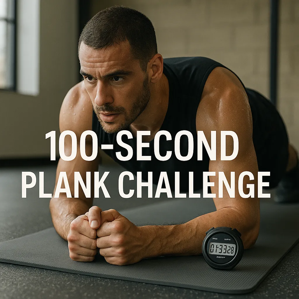 Athlete holding a forearm plank on gym mat, sweat forming, timer in view — overlay text- 100-Second Plank Challenge