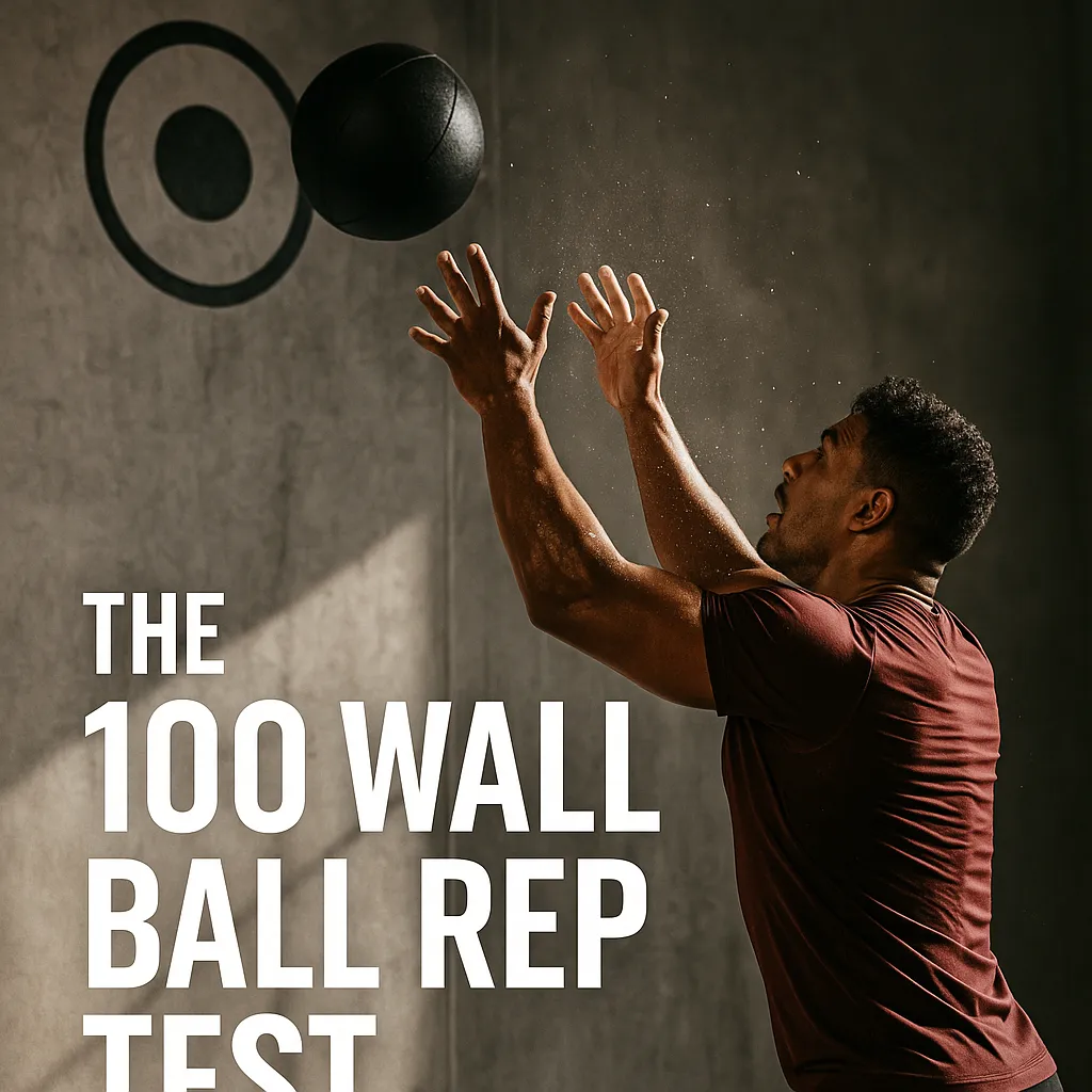 Athlete mid-wall ball throw with sweat flying, target in frame, overlay text-The 100 Wall Ball Rep Test