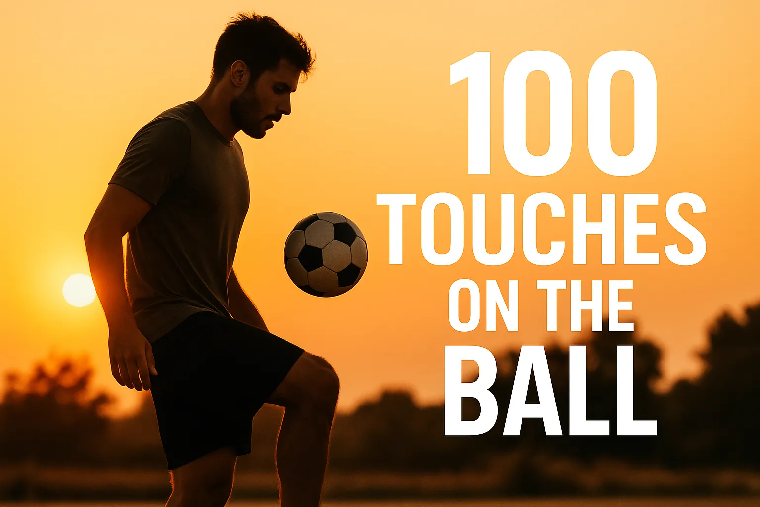 Athlete practicing solo ball drills at sunset, overlay text-100 Touches on the Ball