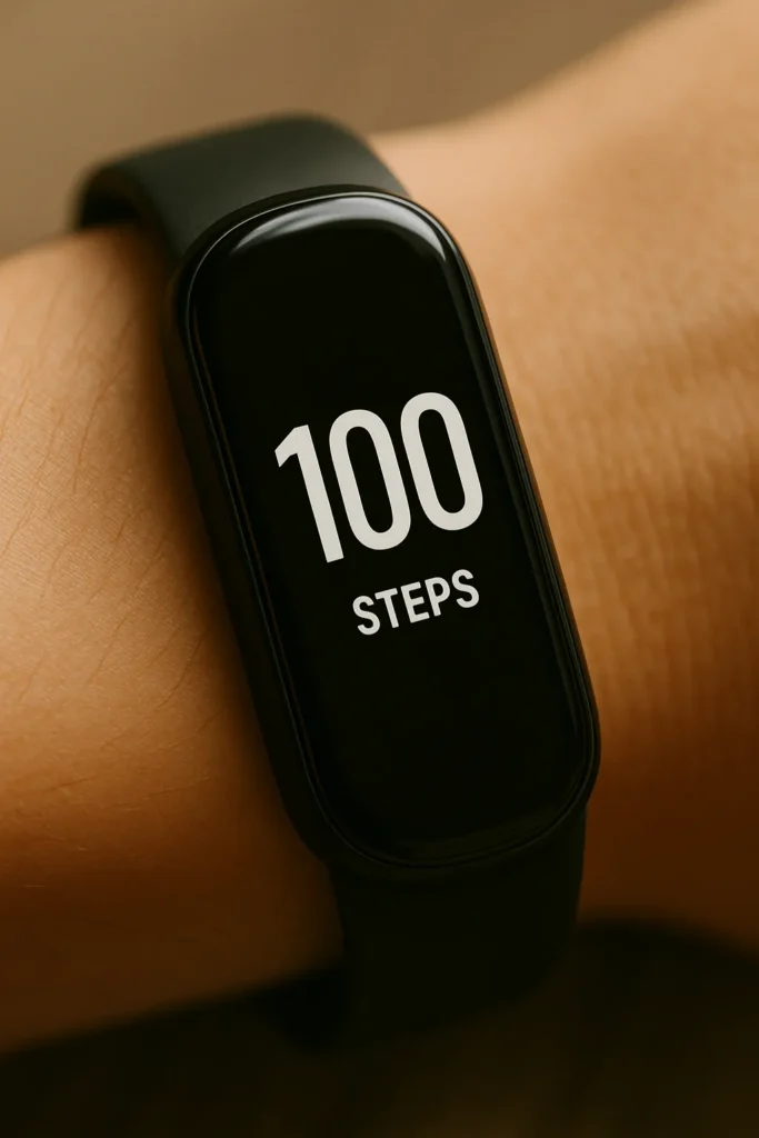Close-up of fitness tracker showing 100 steps just completed