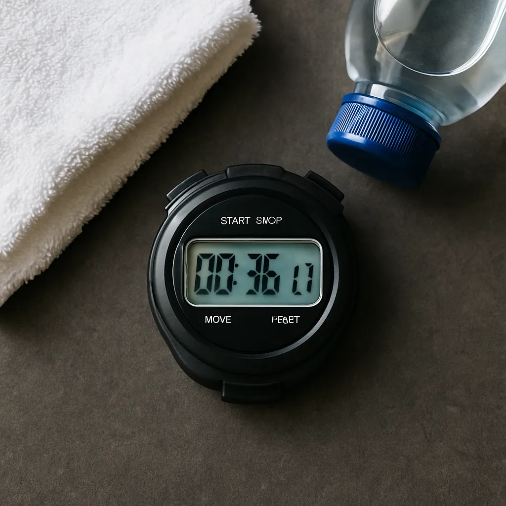 Close-up of timer_watch next to towel and water bottle