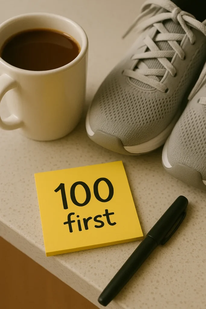 Coffee mug on a counter next to walking shoes and a post-it that says _100 first_