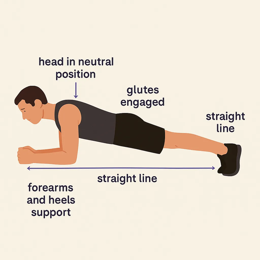 Graphic illustration of correct plank form with labels