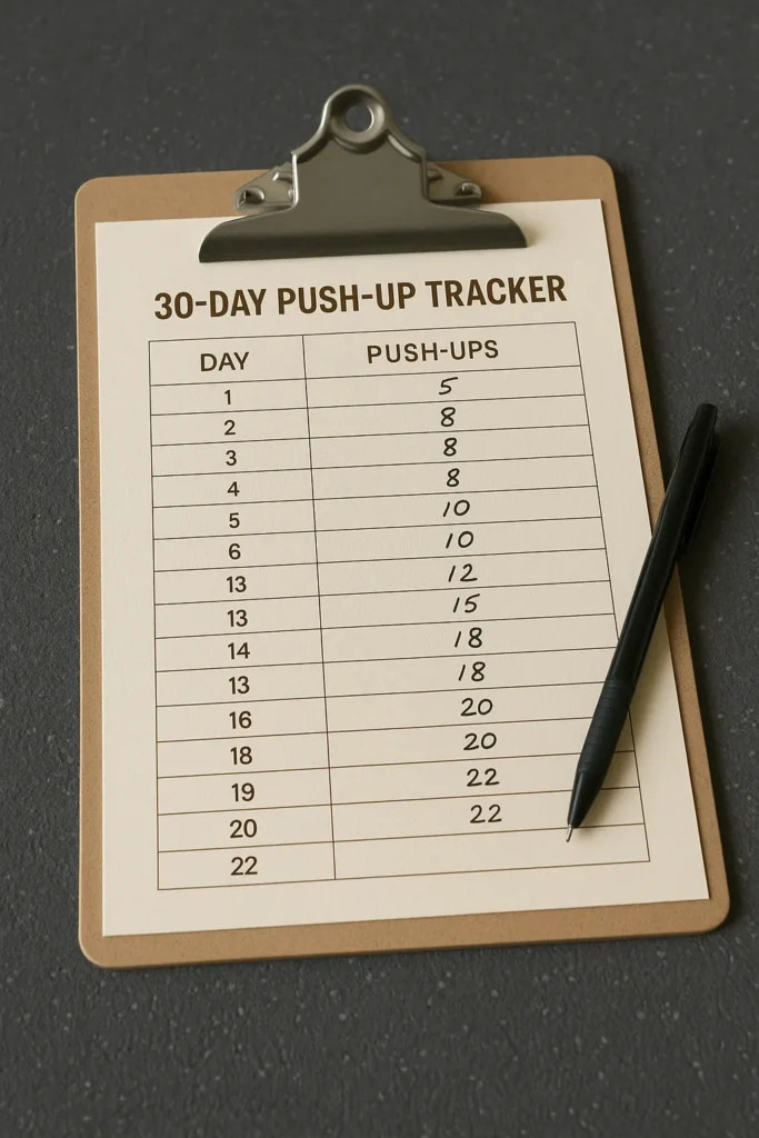 Handwritten 30-day push-up tracker on a gym clipboard