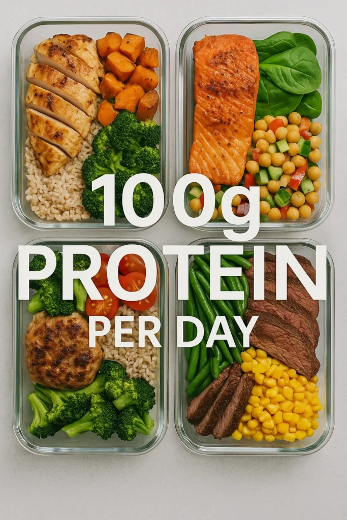 Meal prep containers with colourful high-protein meals, overlay text-100g Protein Per Day
