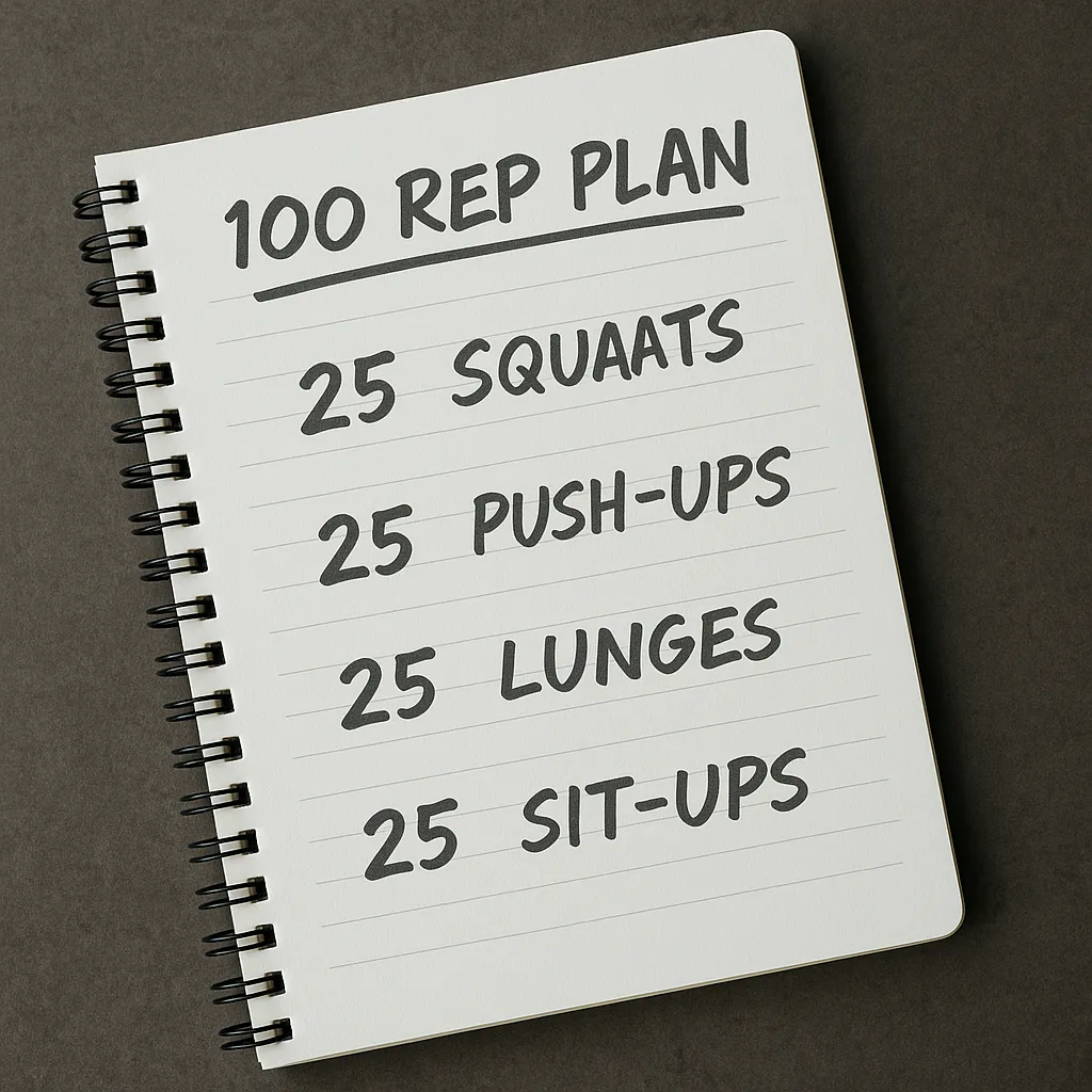Notebook or whiteboard with a handwritten 100 rep plan