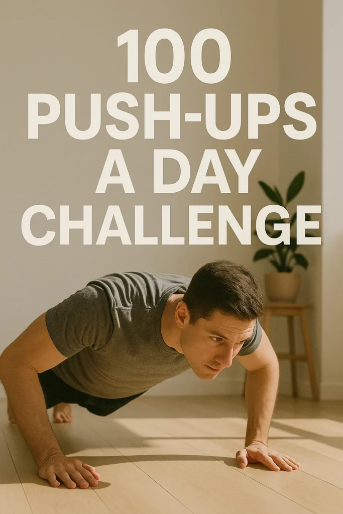 Person doing push-ups in a minimal home setting with strong natural light, overlay text-100 Push-Ups a Day Challenge