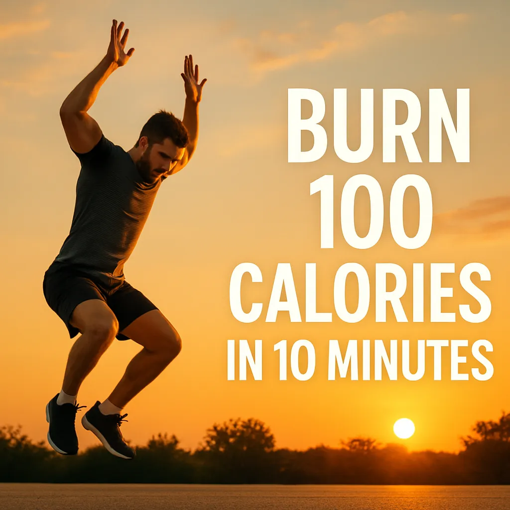 Person mid-jump doing a burpee outdoors at sunset, overlay text Burn 100 Calories in 10 Minutes