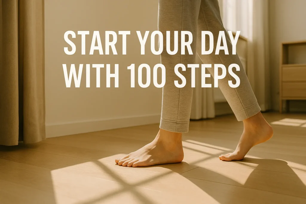Person walking barefoot through their home as morning sun streams through a window, overlay text- “Start Your Day With 100 Steps