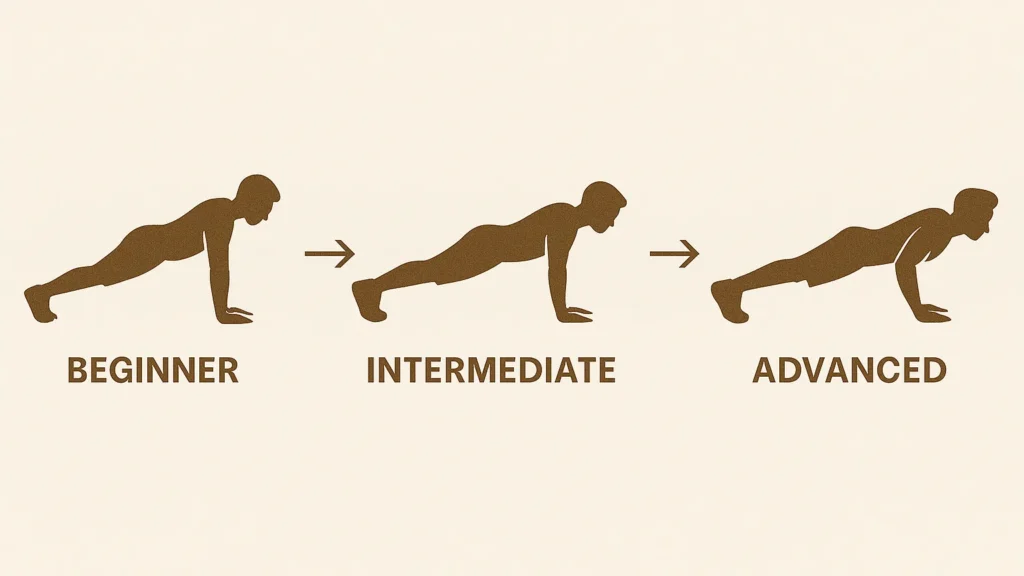 Progression graphic- Beginner → Intermediate → Advanced push-up variations