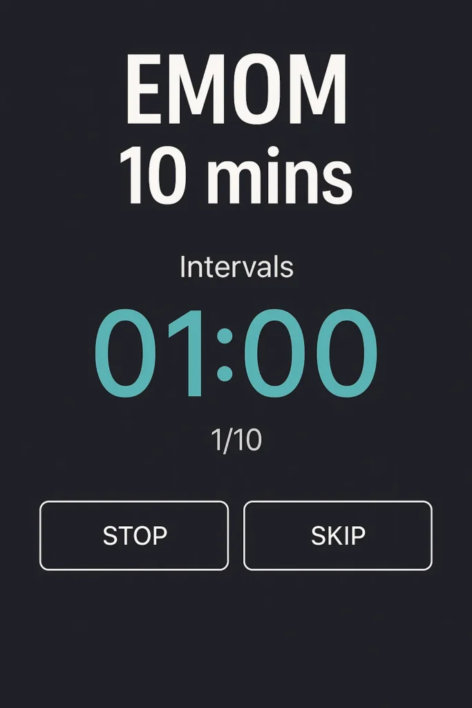Screenshot of interval timer app set to EMOM 10 mins